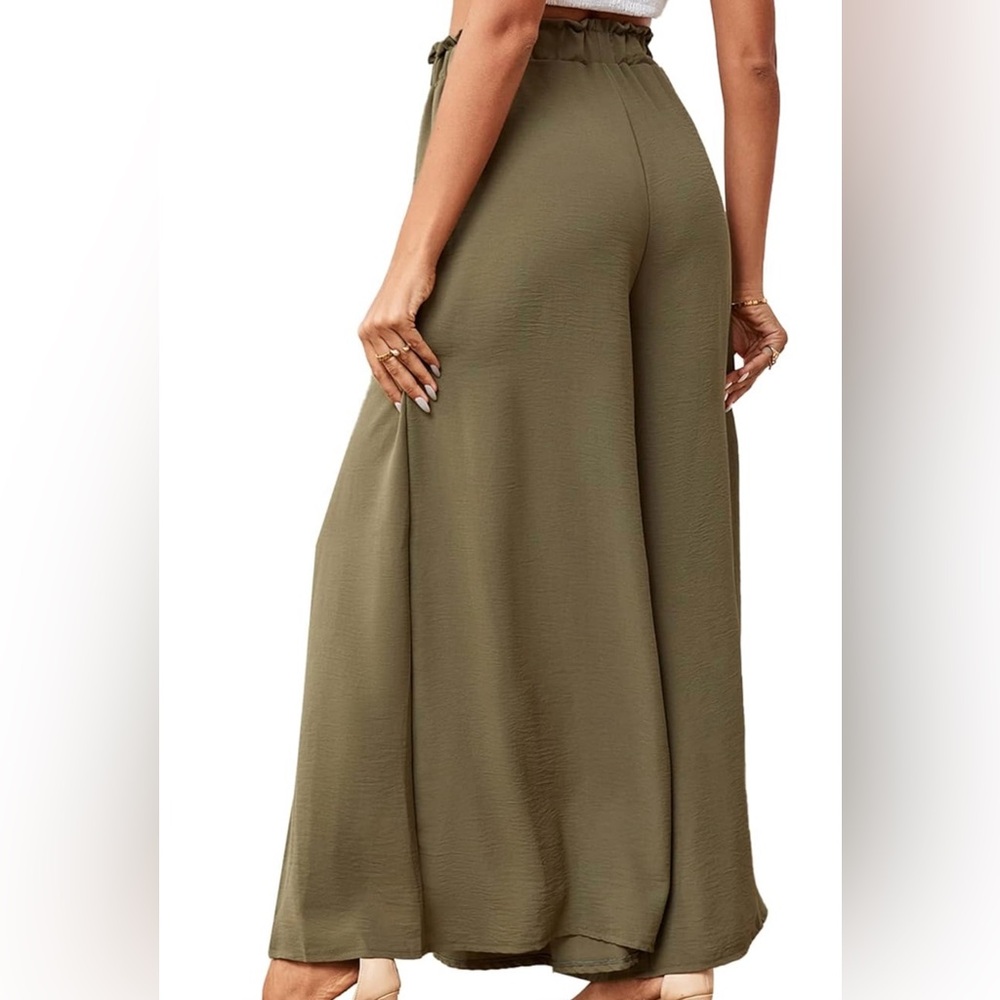 Olive Green Tie Front High Waist Side Flowy Wide Leg Pleated Pant with Belt - Picture 2 of 6